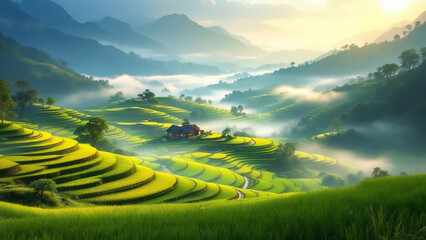 Terraced rice fields and morning fog in a mountain village