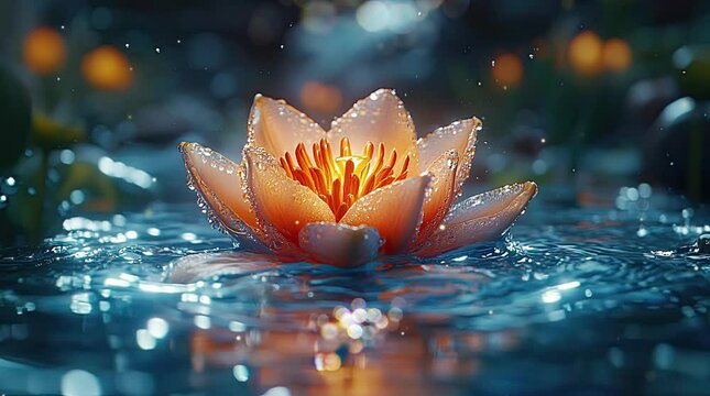 Radiant lotus flower on rippling water. seamless looping time-lapse animation