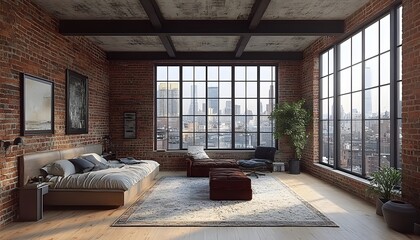 Urban loft bedroom sunrise city view