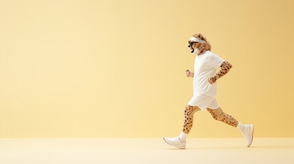 Fototapeta premium Person in Fun Leopard Costume Running Against a Yellow Background
