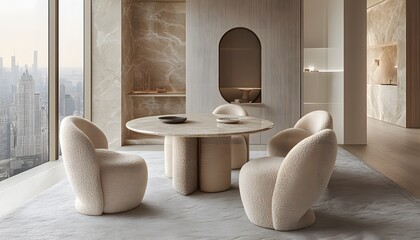 Modern dining room, city view, beige decor, calm atmosphere, interior design