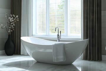 Modern freestanding bathtub in luxury bathroom, sunlight streaming through window, marble floor, spa-like setting, home decor