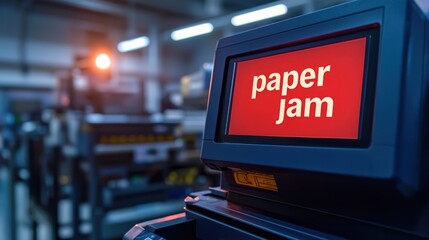 A warning screen on a printer showing a "paper jam" error