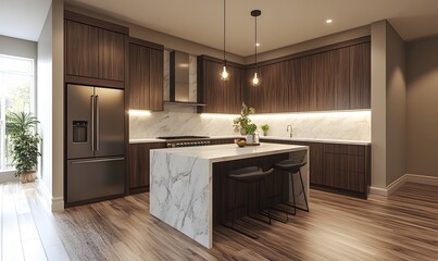 Modern kitchen island design, hardwood floors, natural light
