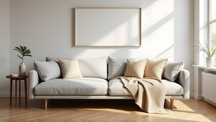 Modern living room interior design with sofa pillows blanket and frame mockup for wall art decor ideas