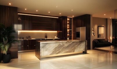 Modern kitchen island, luxury apartment, evening lighting, living room view