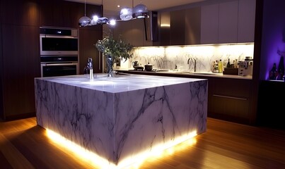 Modern kitchen island, marble countertop, night lighting, hardwood floor, interior design