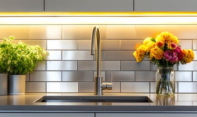 Modern kitchen sink, flowers, herbs, backsplash lighting