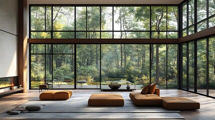 Modern living room with large windows overlooking forest