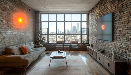 Modern loft apartment living room with city view, relaxation