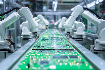 工場のロボットアームが電子基板を自動組み立て中の様子