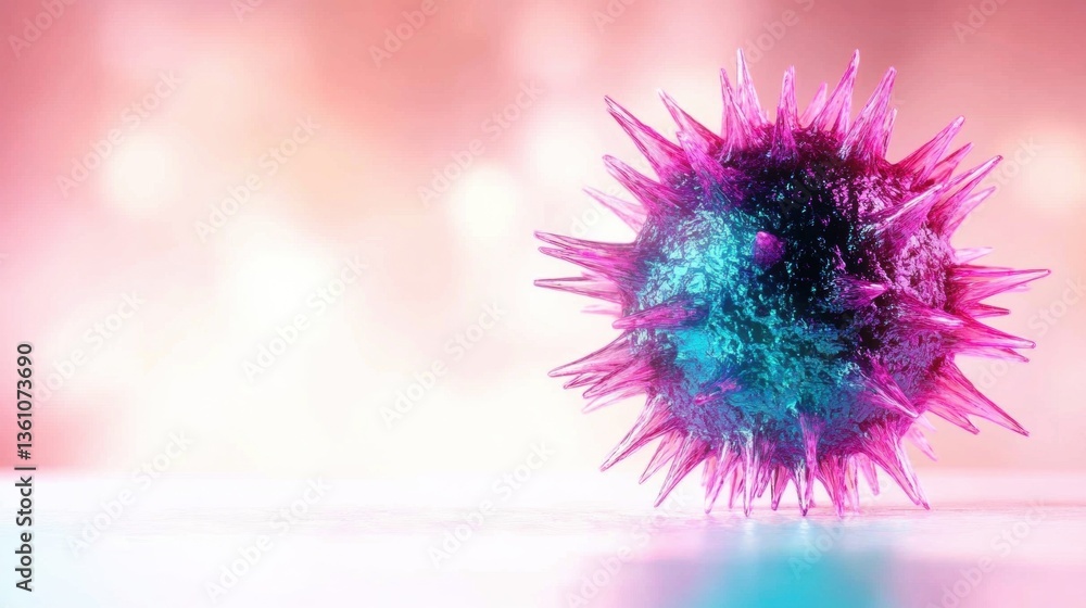 Poster detailed visual of a vibrant virus with spikes, emphasizing its texture against a soft, abstract bac