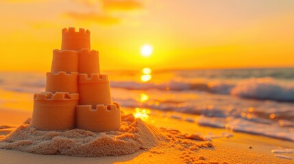 A detailed sandcastle rises on a beach as golden sunlight reflects on gentle waves, creating a serene atmosphere at dusk