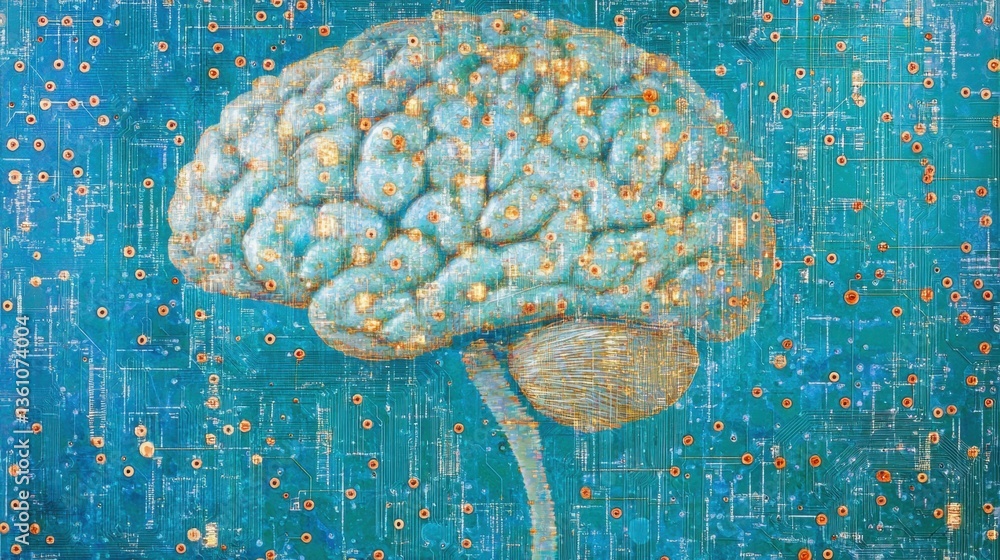 Poster a detailed brain illustration blends artistic elements with digital patterns, symbolizing the inters