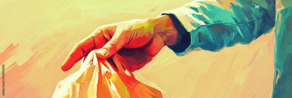 Aufkleber hand presents a grocery bag with engaging colors and smooth brushwork in an artistic illustration ge