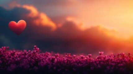 A beautiful sunset lights up a pink flower field, with a heart symbol in the sky, creating a sense of love and calm
