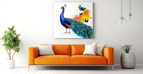 Watercolor painting of a beautiful peacock with flowers and butterflies on a canvas, hanging above an orange sofa in a modern living room interior design, against a white background.