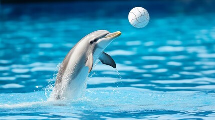 Naklejka premium Dolphin Leaping Out of Water to Catch a Ball in Clear Blue Pool