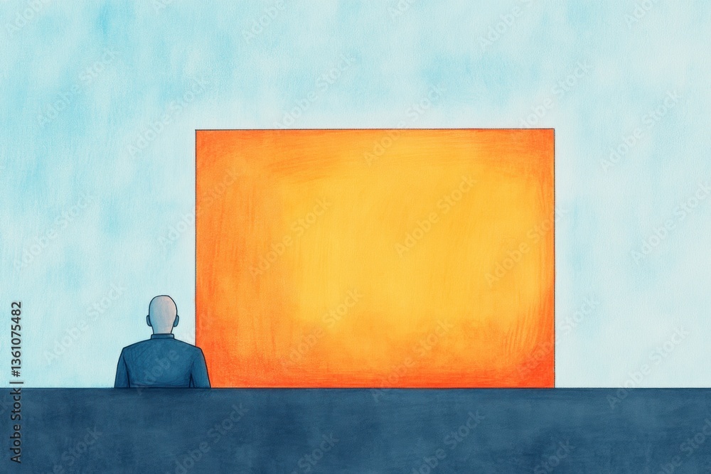Poster a person sits quietly in front of a large orange canvas, contemplating in a minimalist setting with 