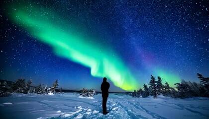 Obraz premium A silhouette of a person looking up at the northern lights, standing in the snow