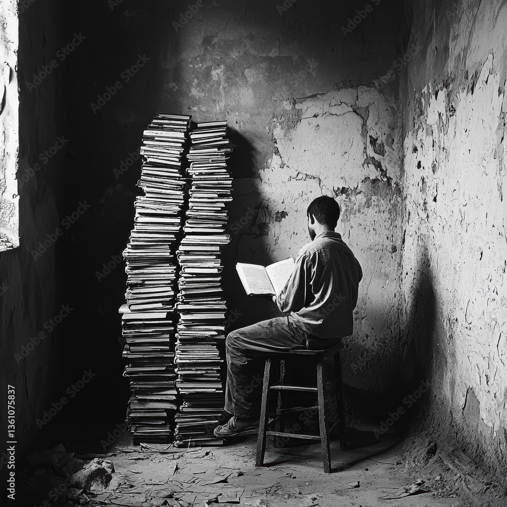 Poster a solitary figure reads in a dimly lit room surrounded by a tall stack of books, evoking themes of k