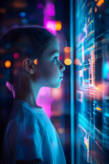 Naklejka premium ネオンライトに照らされる少女とデジタル画面の未来的な光景