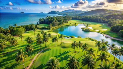 Aerial view of lush green golf course with palm trees and crystal clear waters in Phuket Thailand, blue, warm weather