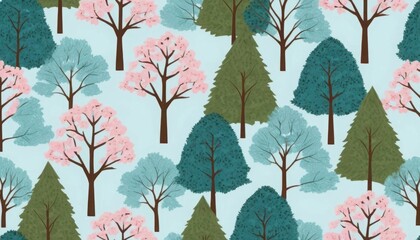 Naklejka premium Whispering Woods: A delicate dance of colorful trees, each brushstroke of illustration evokes serenity in an endless wood. It is the perfect backdrop.