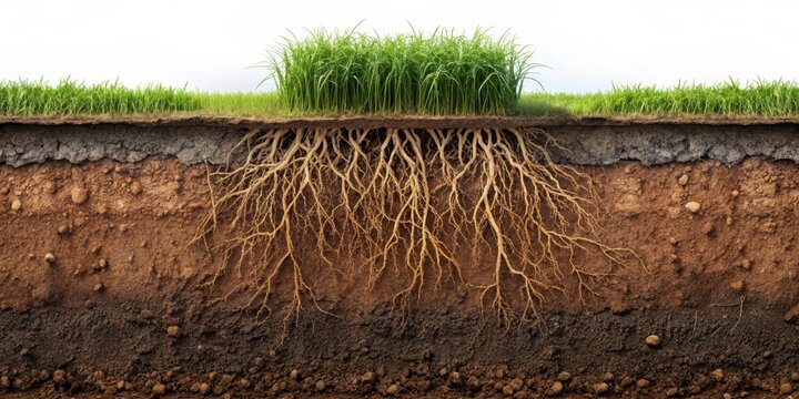 Dark brown soil layer with roots and organic matter in a cross-section of underground earth, earth structure, soil composition