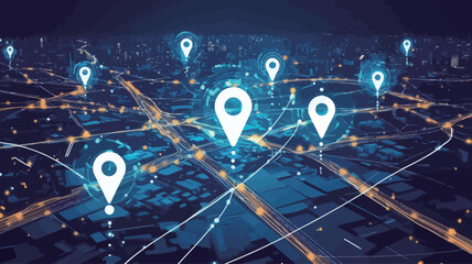 High-angle, long shot of a nighttime cityscape with numerous illuminated location marker icons overlaid. The markers are bright blue-white and are connected by glowing lines suggesting a network or