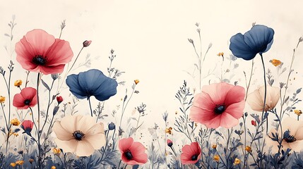 Artistic Floral Meadow with Poppies and Wildflowers