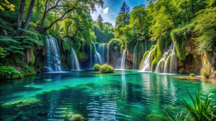 Naklejka premium Serene turquoise lake surrounded by dense green foliage and waterfalls cascading down steep cliffs , lush greenery, natural wonder