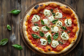Freshly baked pizza with ricotta and basil