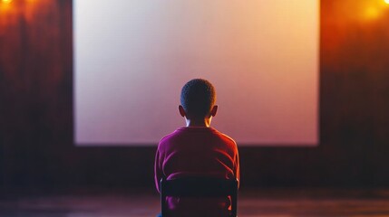 A young boy sits quietly, facing a blank projection screen in a softly lit space, immersed in thought and anticipation