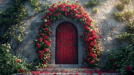 Enchanted Stone Doorway Framed by Vibrant Red Roses in a Serene Garden Setting with Lush Green Vines and Natural Light