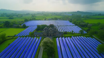 Fototapeta premium Stunning aerial view of a grand manor house nestled amidst vast, vibrant blue solar panel fields, showcasing sustainable energy in a picturesque landscape.