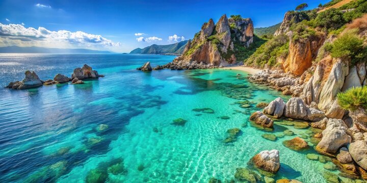 A breathtaking vista of towering rocky cliffs overlooking the sparkling crystal clear waters of the Tyrrhenian Sea at Capo Vaticano beach in southern Italy, turquoise sea, scenic views