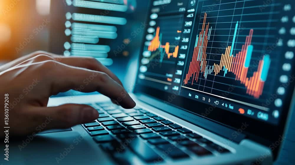 Poster analyzing financial data on laptop hands on keyboard with colorful graphs and charts for stock marke