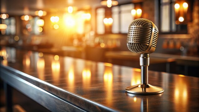 A sleek microphone resting on a polished bar counter top with soft golden light falling onto it , modern