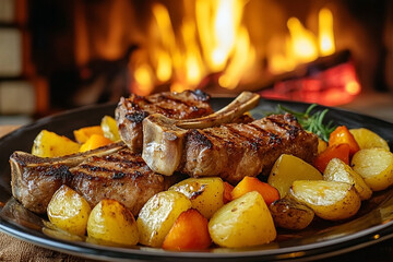Delicious grilled lamb cutlets with roasted potatoes and vegetables on a plate
