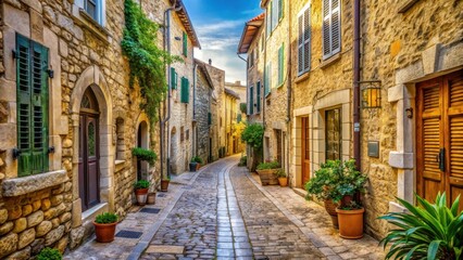 Obraz premium Narrow cobblestone street lined with ancient buildings and Mediterranean-style architecture in Antibes old town, old town, architecture