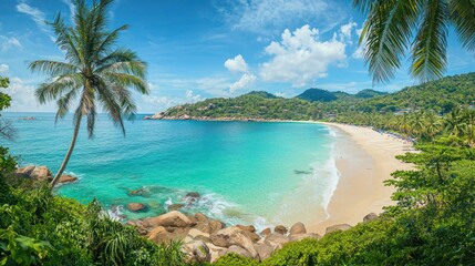 Tropical beach with palm trees and crystal-clear turquoise water.