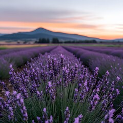 Naklejka premium Sunrise Lavender Field, Purple Blooms, Mountain Background, Peaceful, Nature