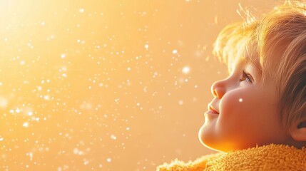 Fototapeta premium A joyful child captivates the viewer with a bright smile while looking up at shimmering sunlight filtering through the atmosphere