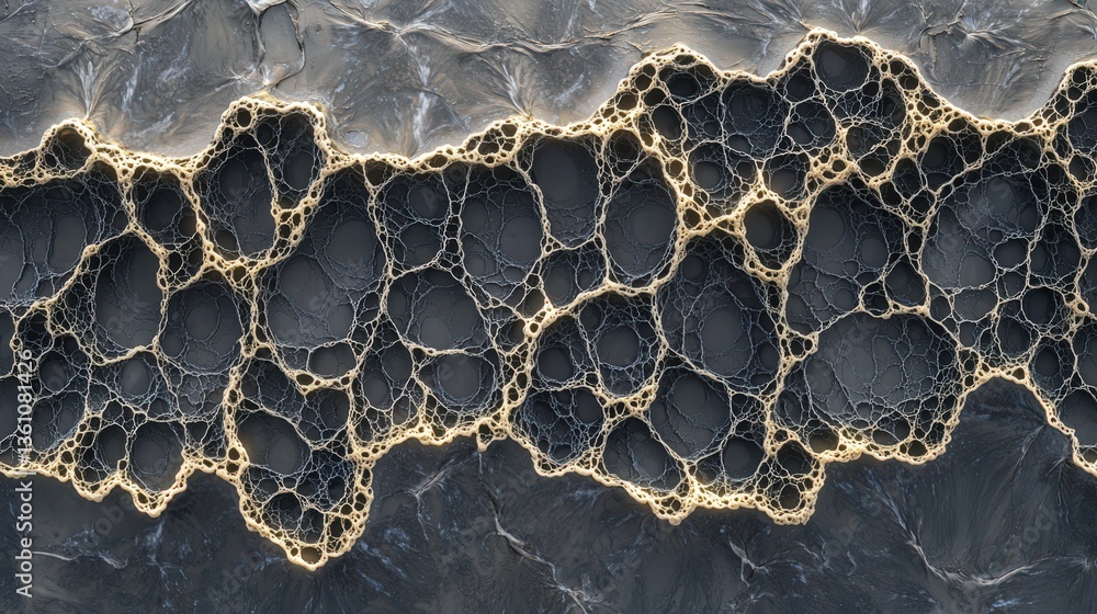 Poster abstract network texture; intricate web-like pattern with organic shapes and gray, beige, and olive-