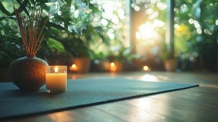 A peaceful meditation space with incense, candles, and a yoga mat.