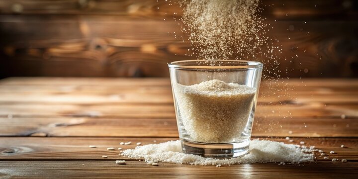 Fine grain sugar dissolves slowly in clear liquid on a wooden table surface , kitchen, drink,  kitchen, drink