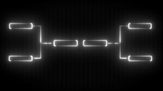 Glowing neon or outline championship single elimination tournament bracket or tree diagram isolated on neon . Fields for 8 players or teams, 4 from each side. It is suitable for all kinds of sports.