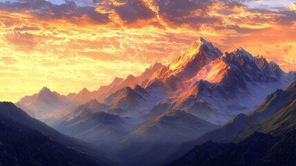 Obraz premium Majestic Mountain Landscape at Sunset with Vibrant Colors Illuminating Peaks and Valley in Serene Natural Beauty
