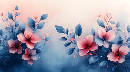 Delicate Pink Flowers and Blue Leaves Artistic Watercolor Painting
